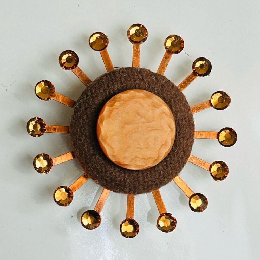 Upcycled Atomic Starburst Refrigerator Magnet Buttons Rhinestones Brown Orange